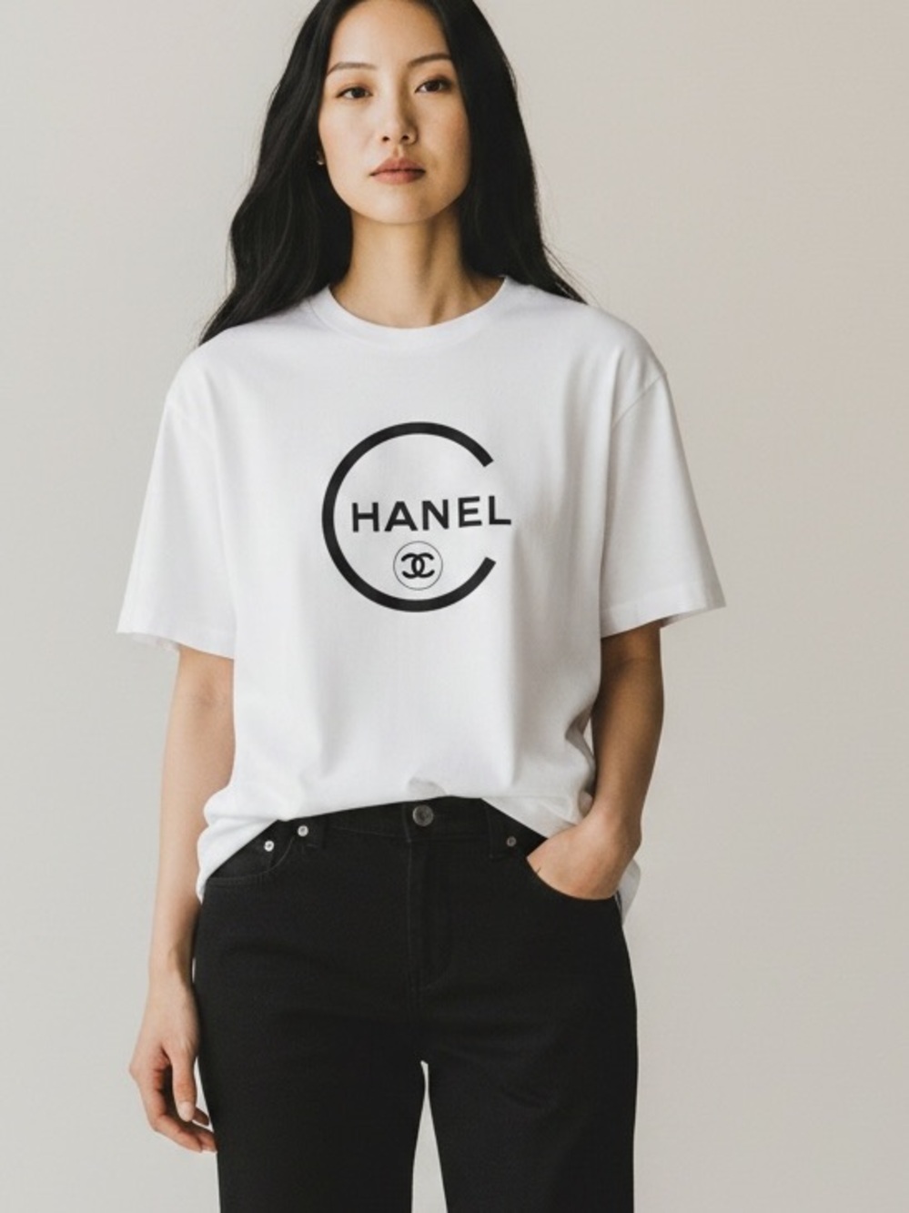 Casual Women’s Short Sleeve Luxury Logo Double C CC Print T Shirt Black White